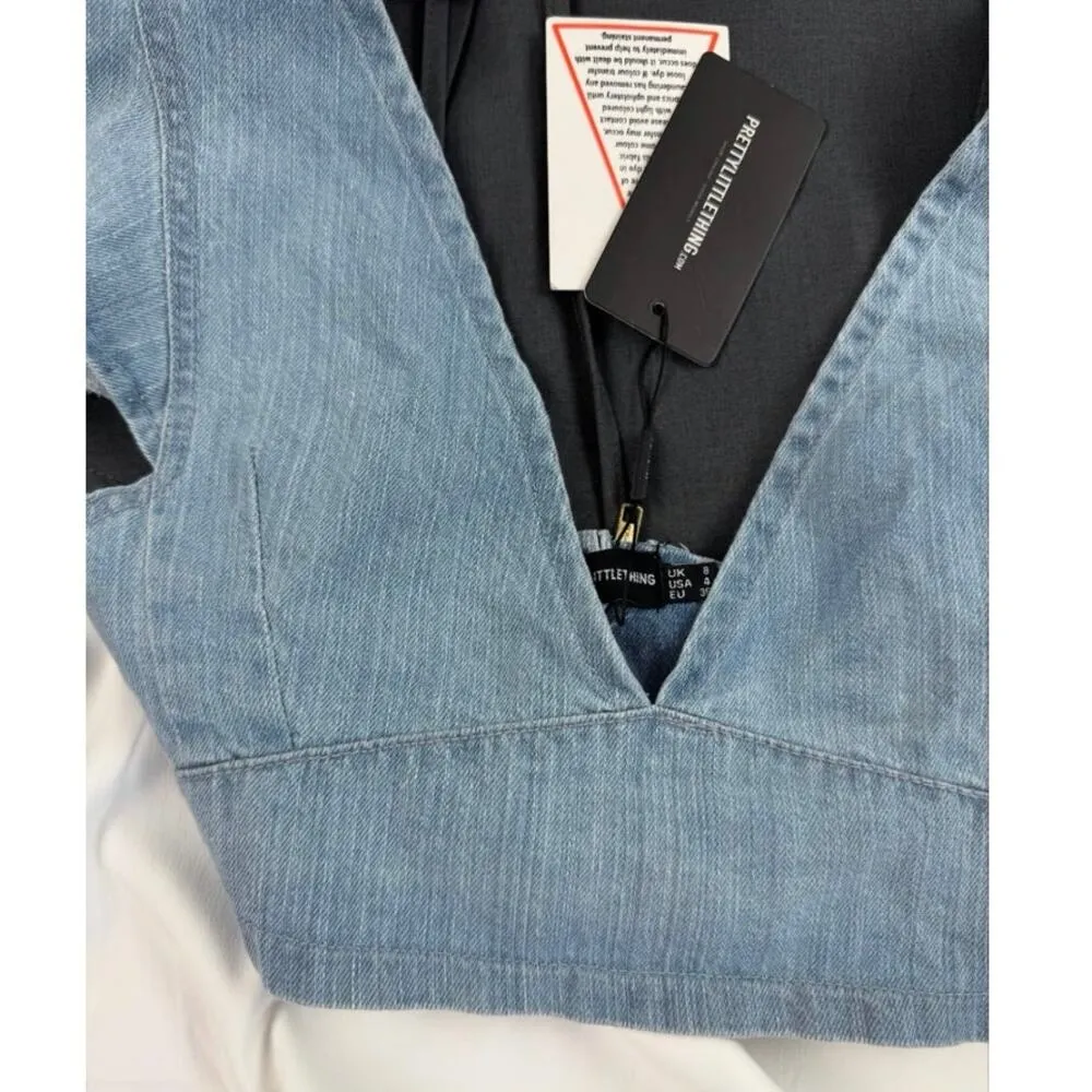 Pretty Little Thing Blue Light Wash Flared Sleeve Denim Crop Top Size 0 Flutter - Image 3