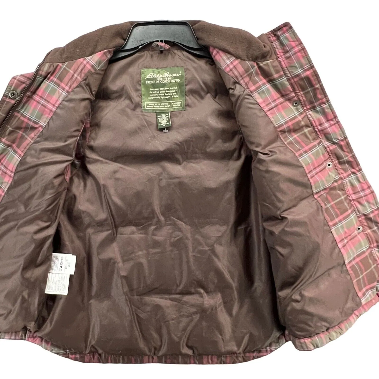 Eddie Bauer Goose Down Puffer Vest Womens M Pink Brown Plaid Preppy Gorpcore - Image 3