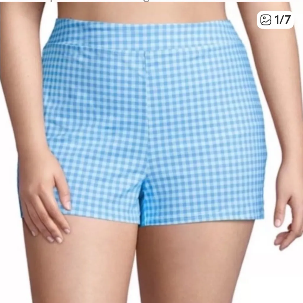 Lands’ End Blue Gingham Print High Rise Slimming Swim Shorts Bathing Suit 12 - Image 2
