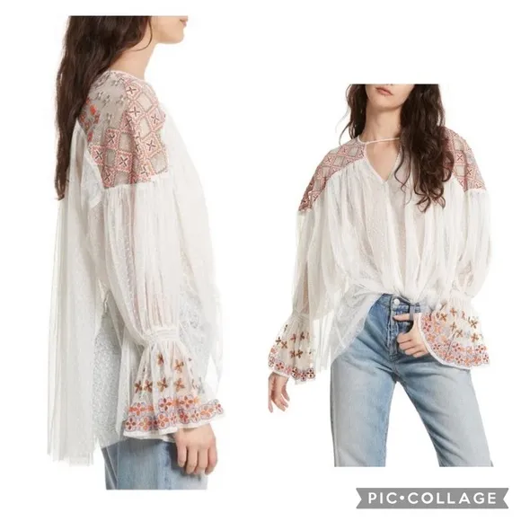 Ivory XS Joyride Sheer Mesh Embroidered Long Sleeve Boho Blouse oversized - Image 2
