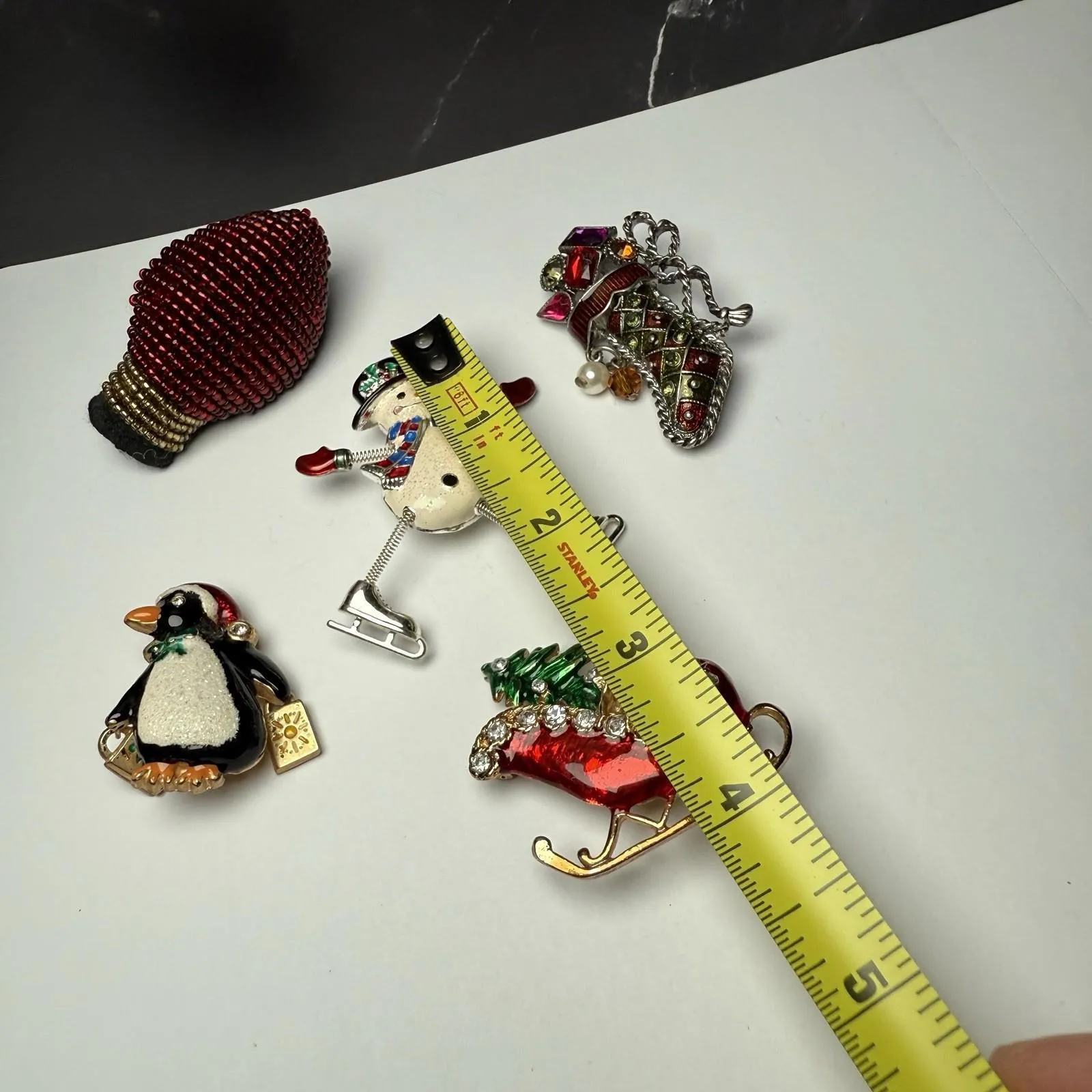 Christmas Holiday Lot Of 5 Brooch Pin Light Bulb Snowman Penguin Sleigh Stocking - Image 2