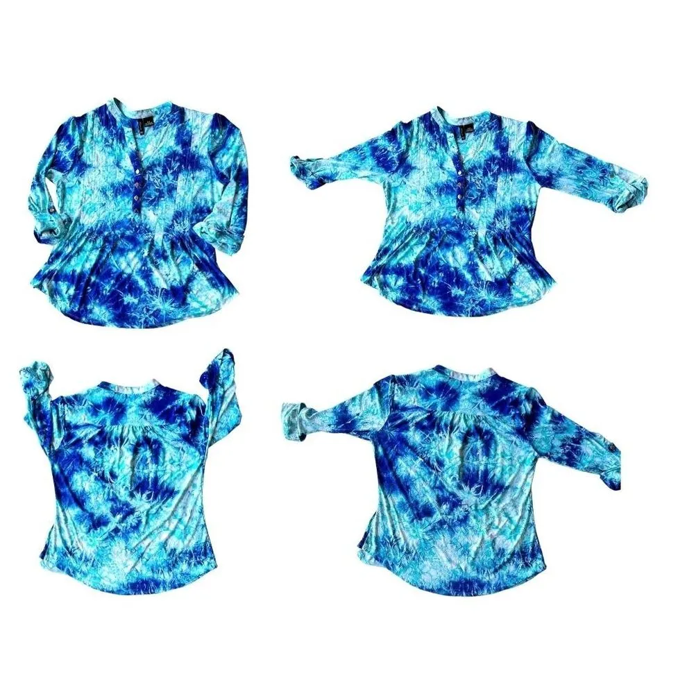 New Directions Tunic Top PM Petite Medium Blue Tie Dye Roll Tab Sleeves … Size undefined - Image 6