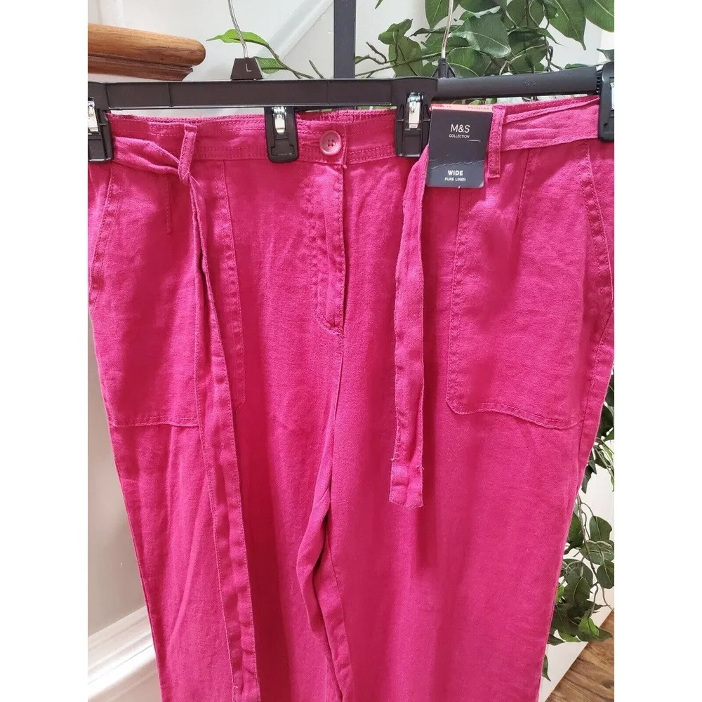 M&S Collection Women Pink 100% Linen Mid Rise Pull On Wide Legs Regular Pants 18 - Image 3