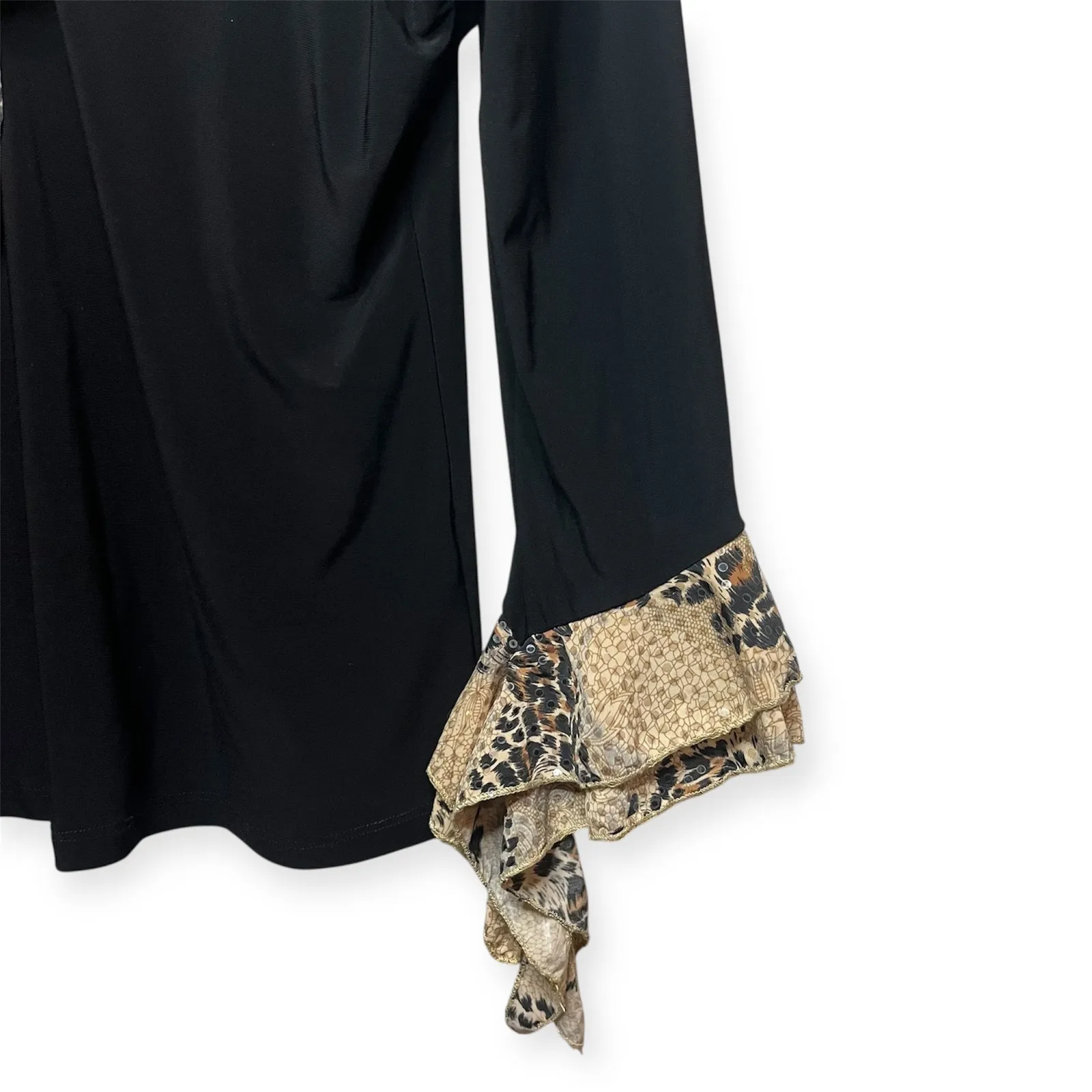 Jaipur Black Ruffle Top Animal Print Snake Leopard Trim Long Sleeve Blouse Sz SM - Image 4