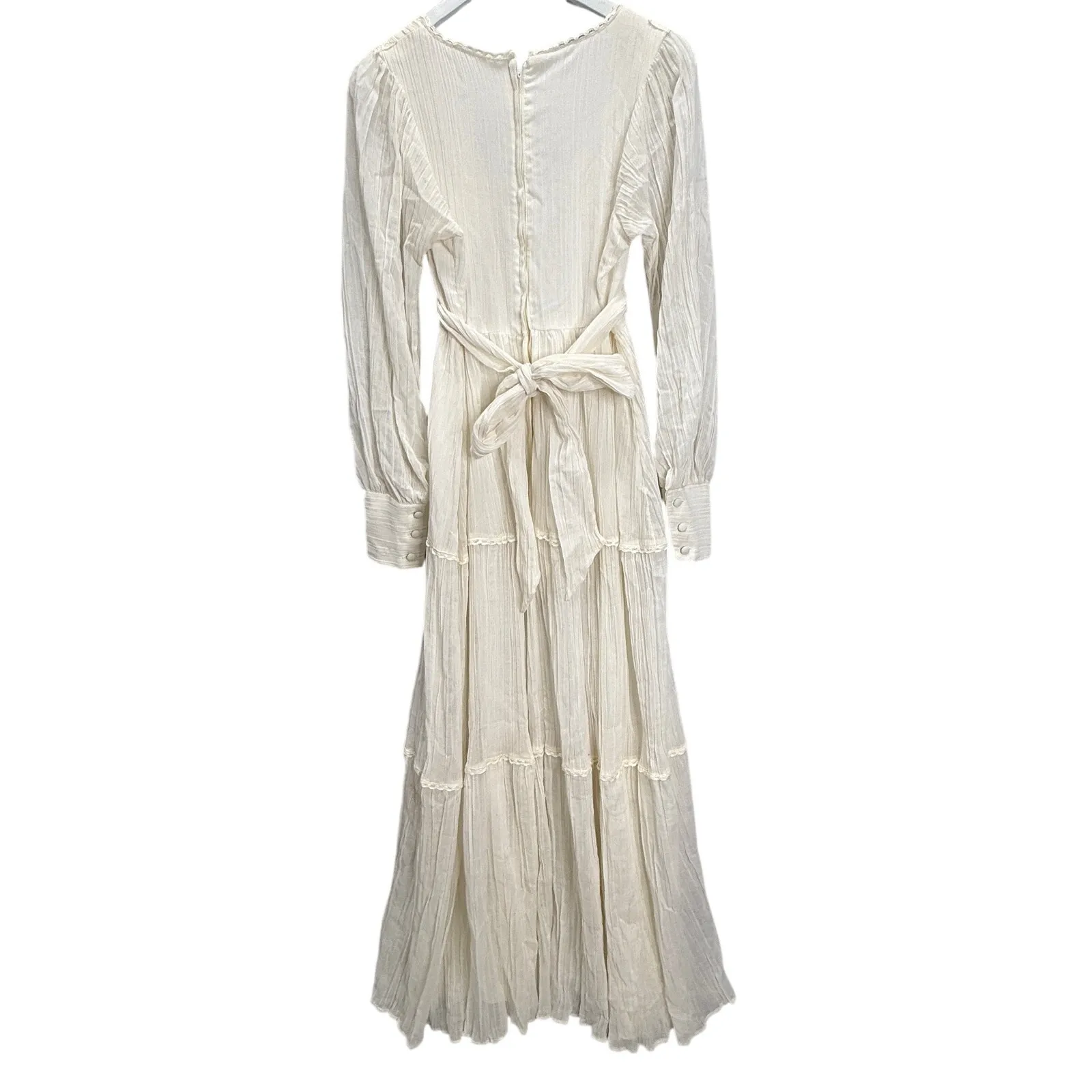 Vintage Cotton Gauze Ivory White Long Sleeve Maxi Gown 70s Size S Empire Tie - Image 3