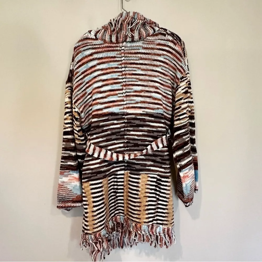 POL Sunset Ranch Tie Waist Midi Cardigan Women's Small‎ Brown Blue Tassel Fringe - Image 13