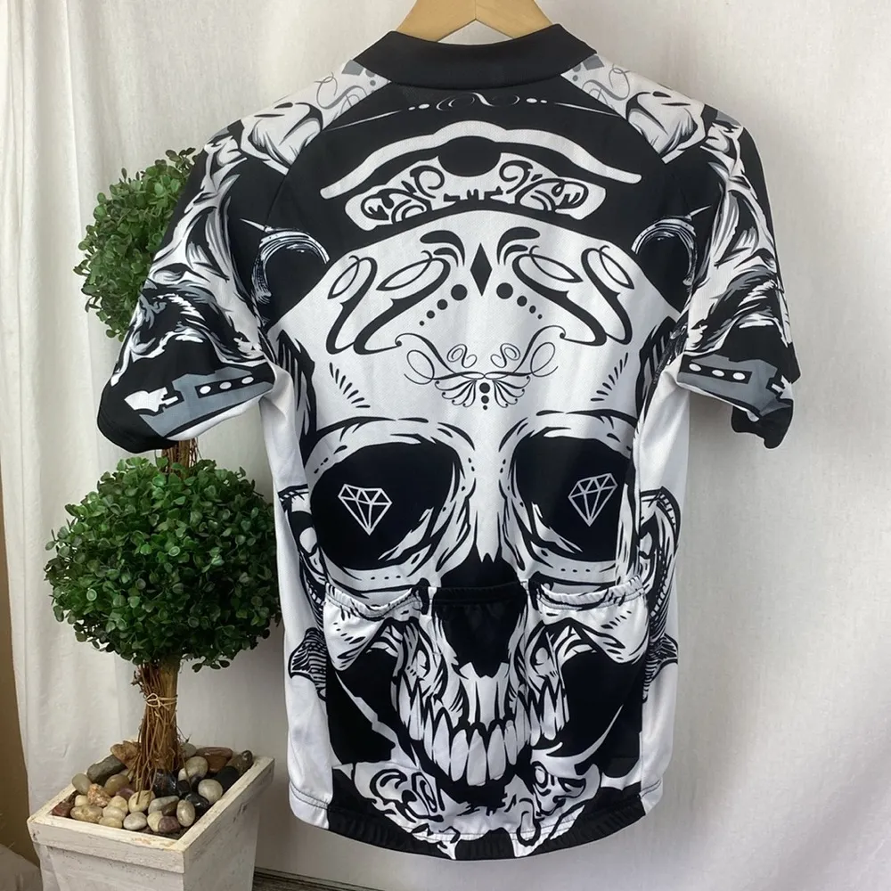 Skull Print Short Sleeve Zip Neck Bicycle Cycling Jersey Top L Black Size L - Image 2