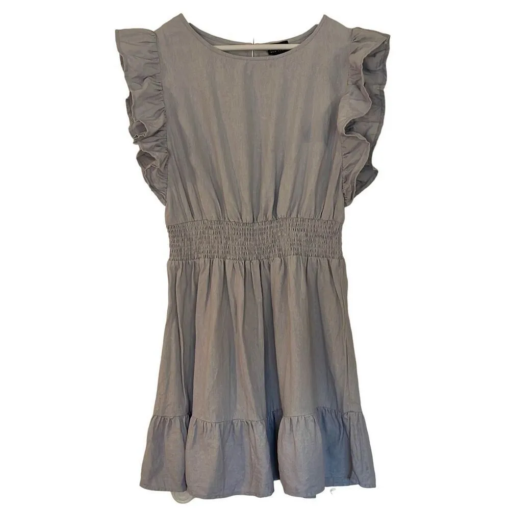 Nicole Miller 100% linen purplish grey ruffle sleeve smocked waist dress small - Image 2