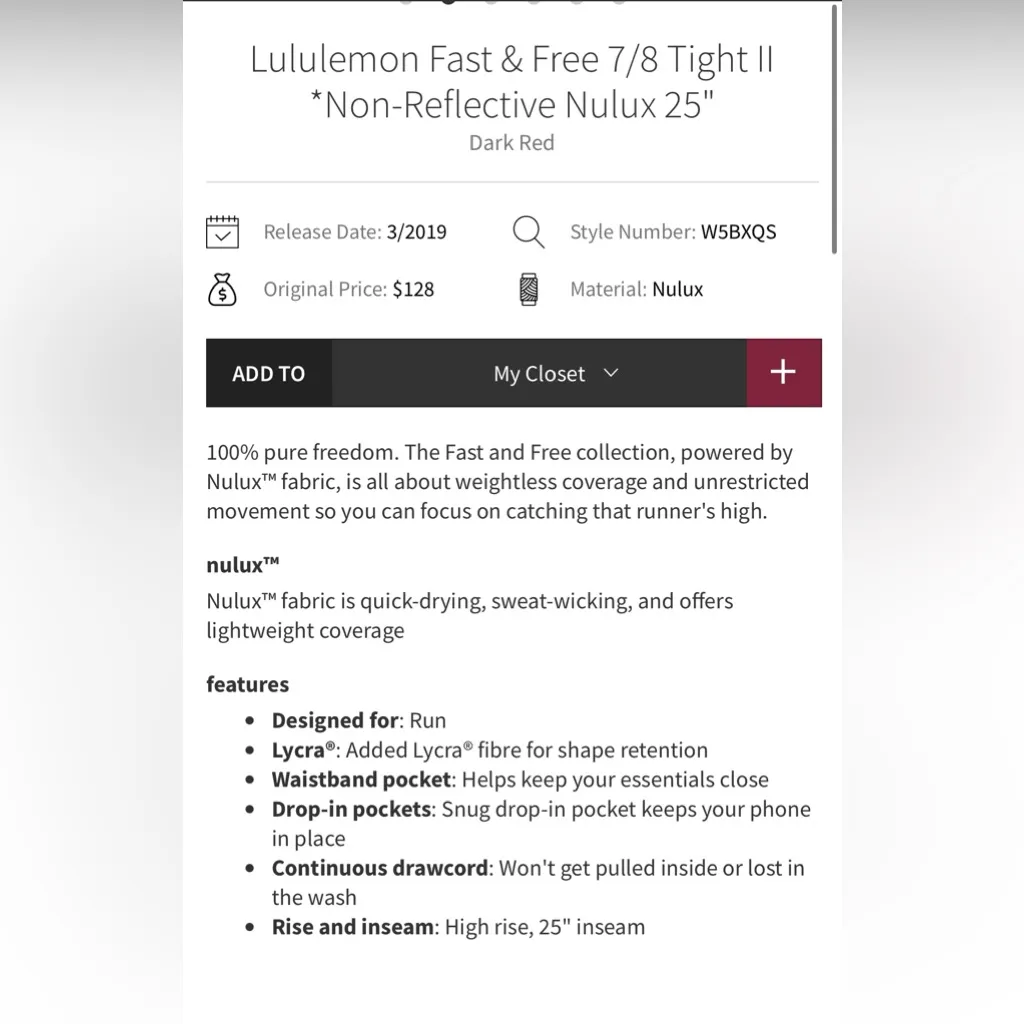 Lululemon Fast and Free Leggings with 25” inseam- Like New - Image 4