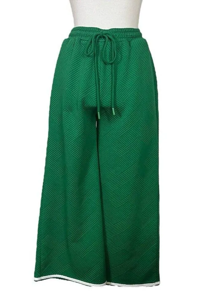 Fashion 2 Piece Set Top Wide Leg Crop Pant Kelly Green White Trim Women’s Size M Size M - Image 10