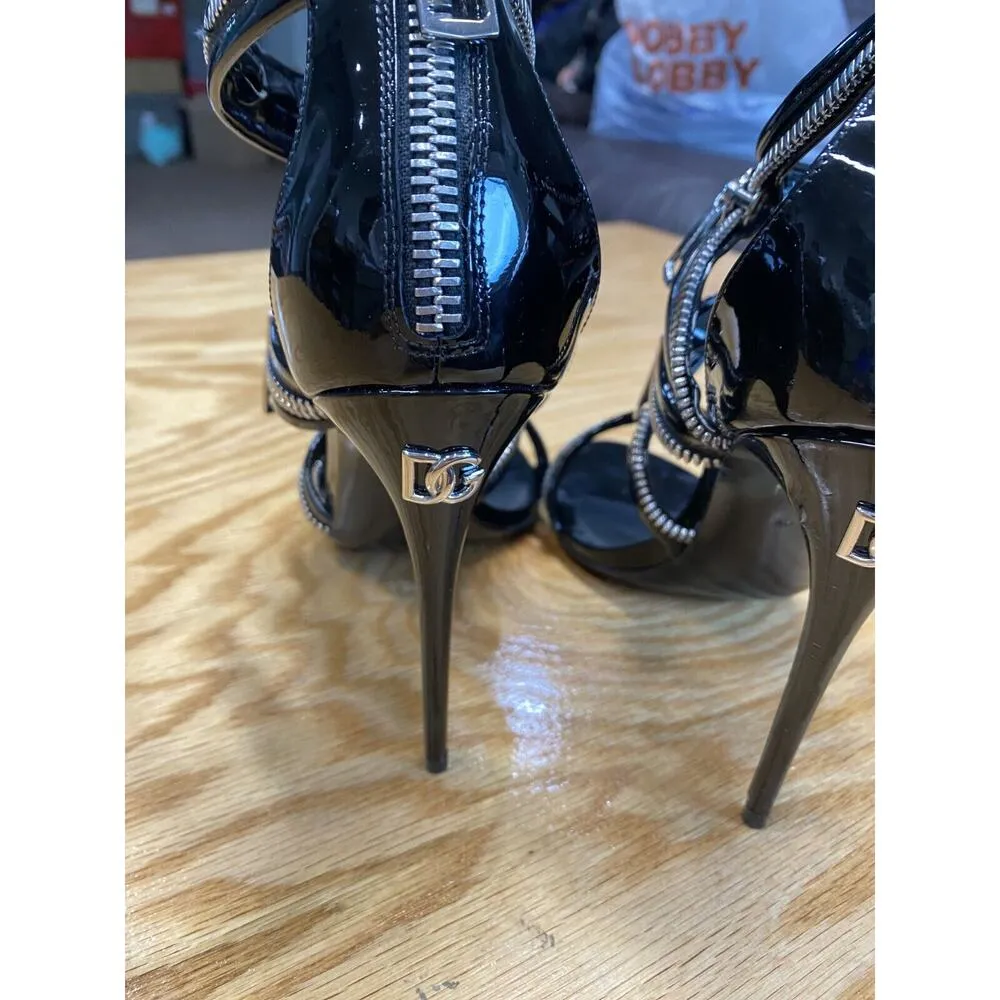Dolce & Gabbana Heels Women's 6.5 Black Patent Leather Zip Up Stiletto Pump - Image 7
