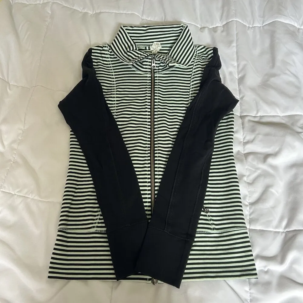 Lululemon Daily Yoga Mint Moment Jacket Sz 6 Full Zip Black Green Stripe Preppy - Image 2