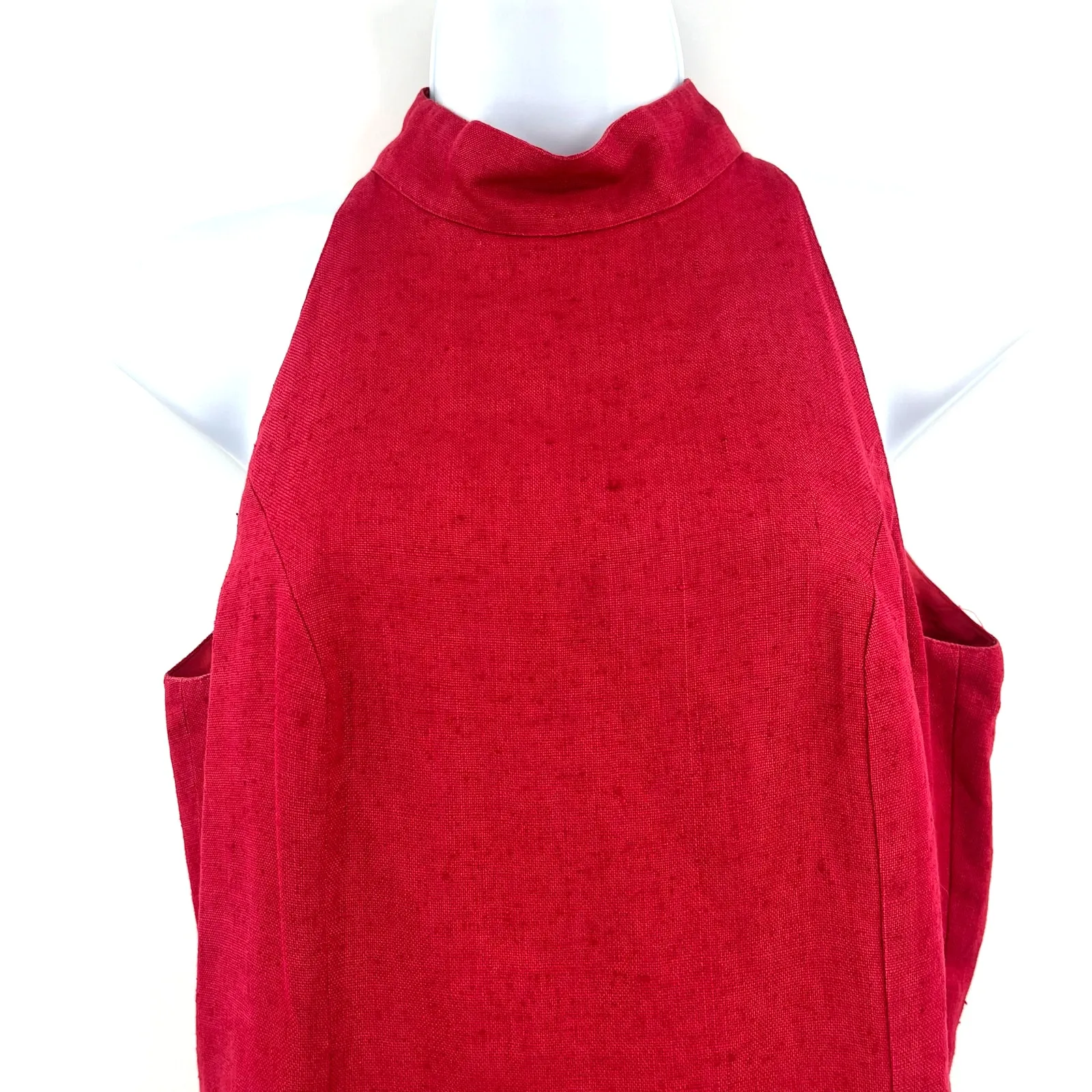 Vtg Y2K Morgan Taylor Linen Dress Sz 6 Red Mock Neck Halter Maxi Gala Minimalist - Image 3