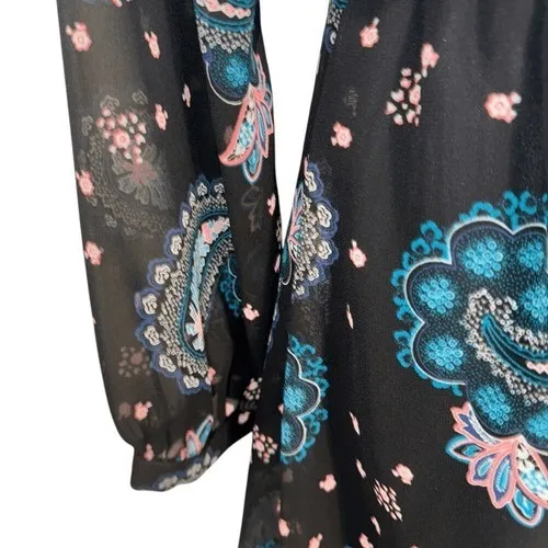 EXPRESS‎ Black With Pink and Blue Paisley V-Neck Faux Wrap Short Romper NWOT S - Image 6