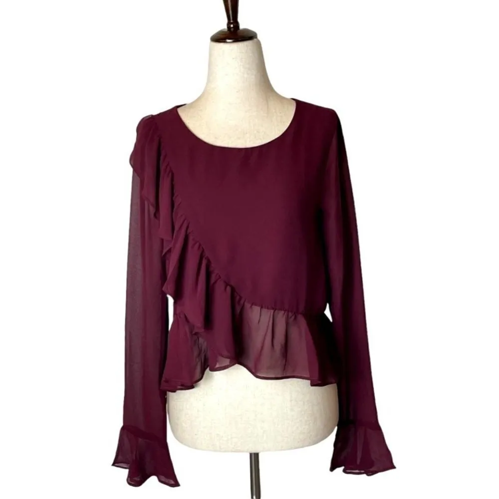 Line‎ & Dot Revolve Burgundy Violet Ruffled Long Bell Sleeve Blouse Size XS - Image 2