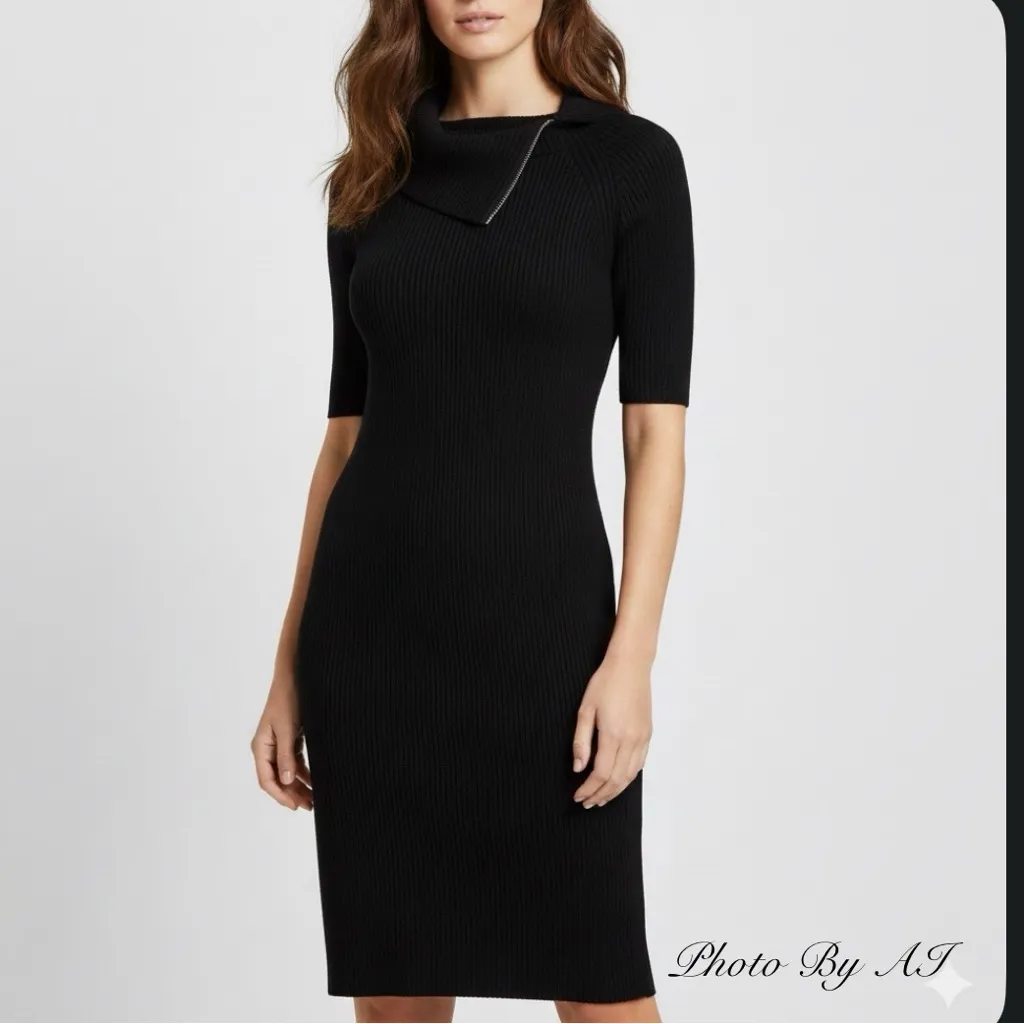 CALVIN KLEIN Black Sweater Dress Asymmetrical Zipper Neckline Knit Size Medium - Image 9