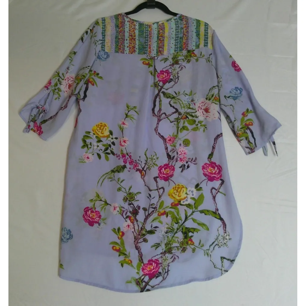 Fig‎ & Flower Womens Large Blue Asian Style Floral Birds Popover Tunic Blouse - Image 2
