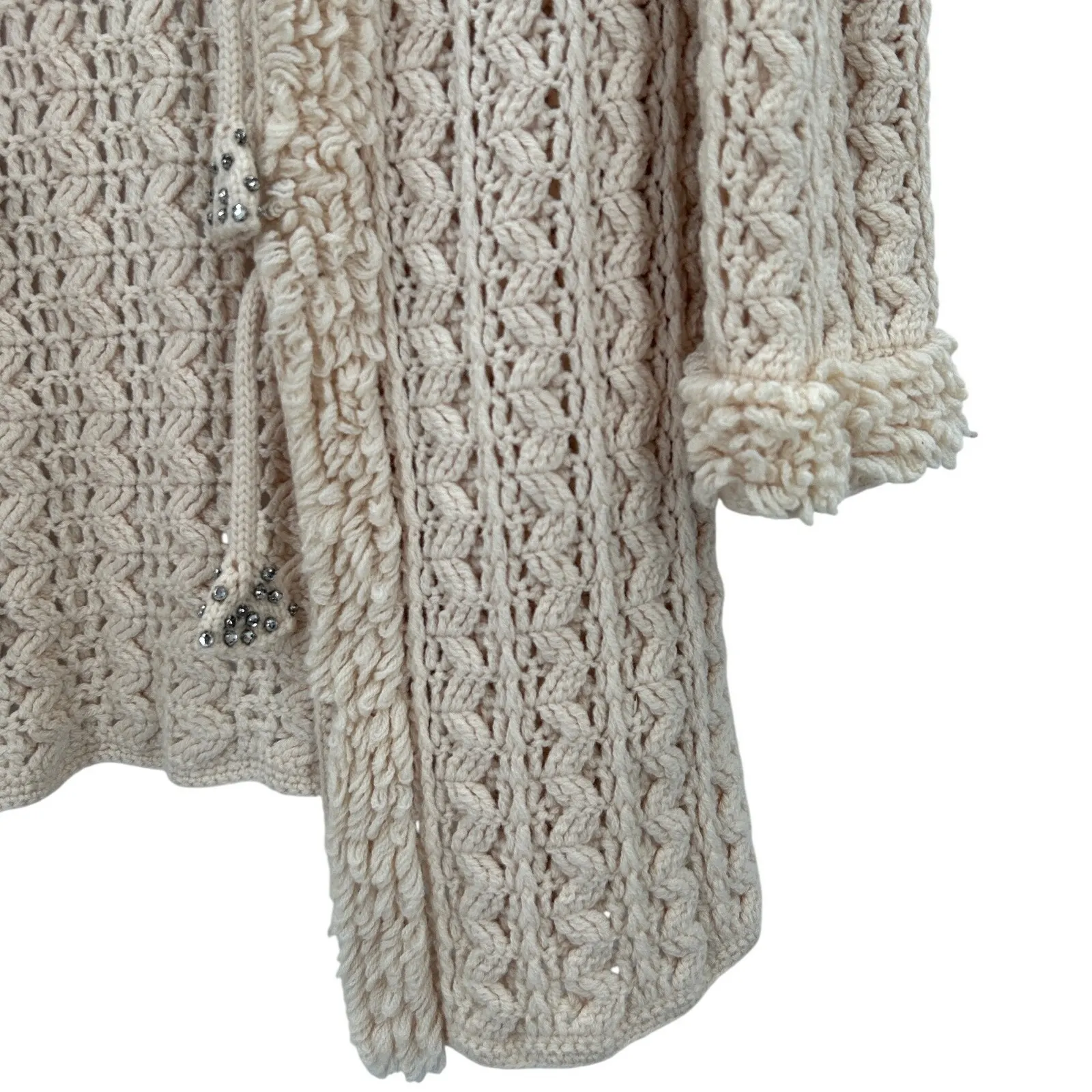 Sigrid Olsen Cream Wool Open Knit Rhinestone Fringe Cardigan Sweater Medium - Image 2