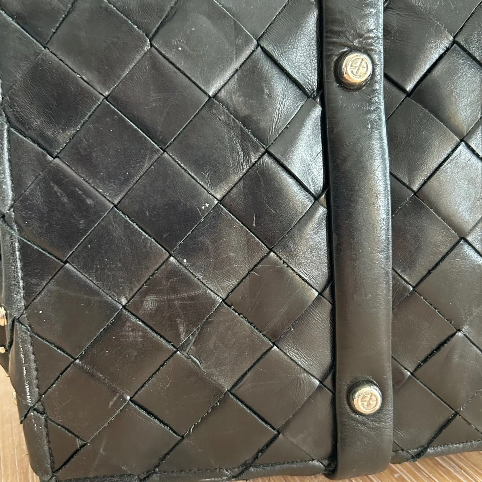 Francesco Biasia Black Woven Leather Studded Satchel Bag Silver Hardware - Image 7