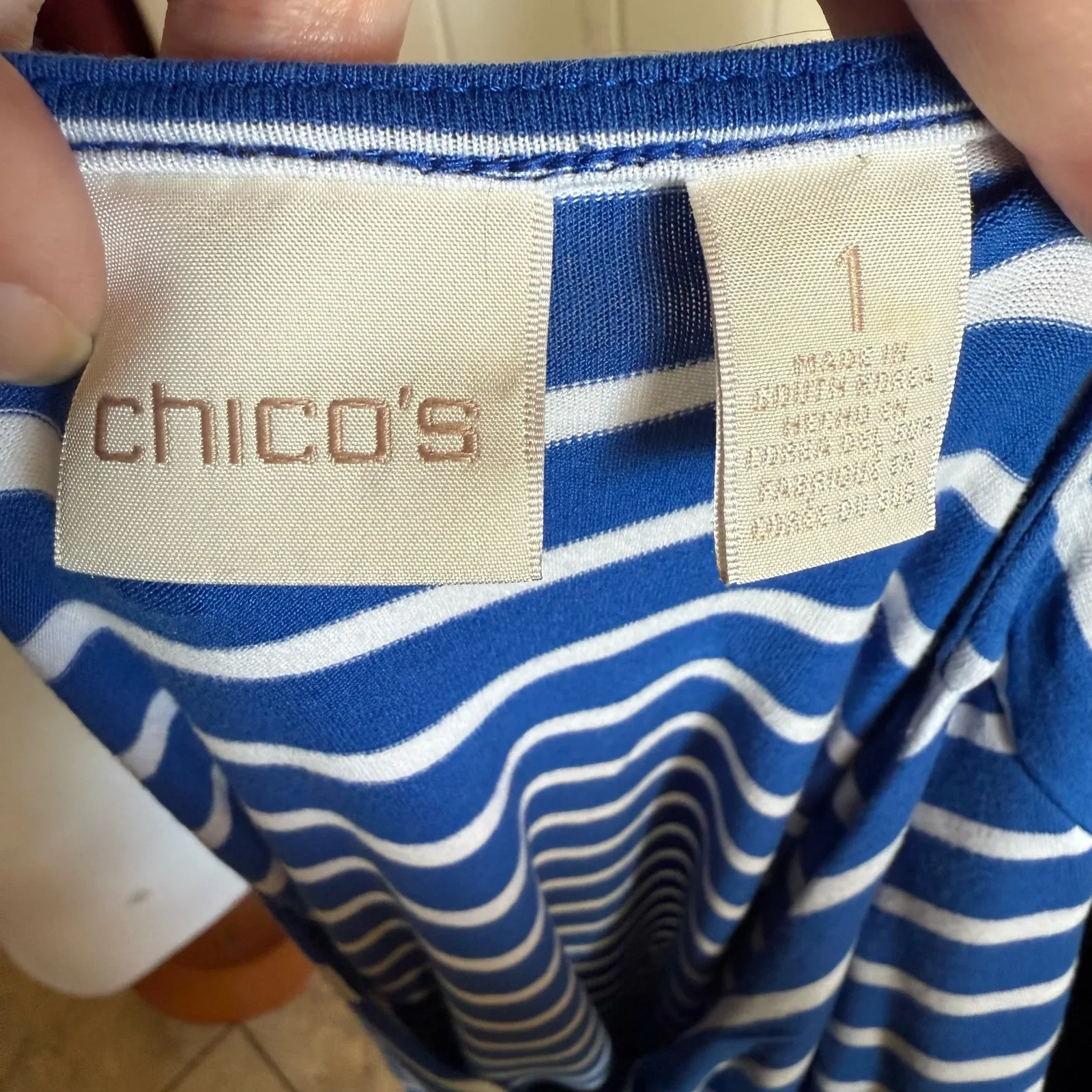 Chico's Womens Top Sz 1 M‎ 8 Blue White Miraculous Stripe Tiered Knit - Image 12