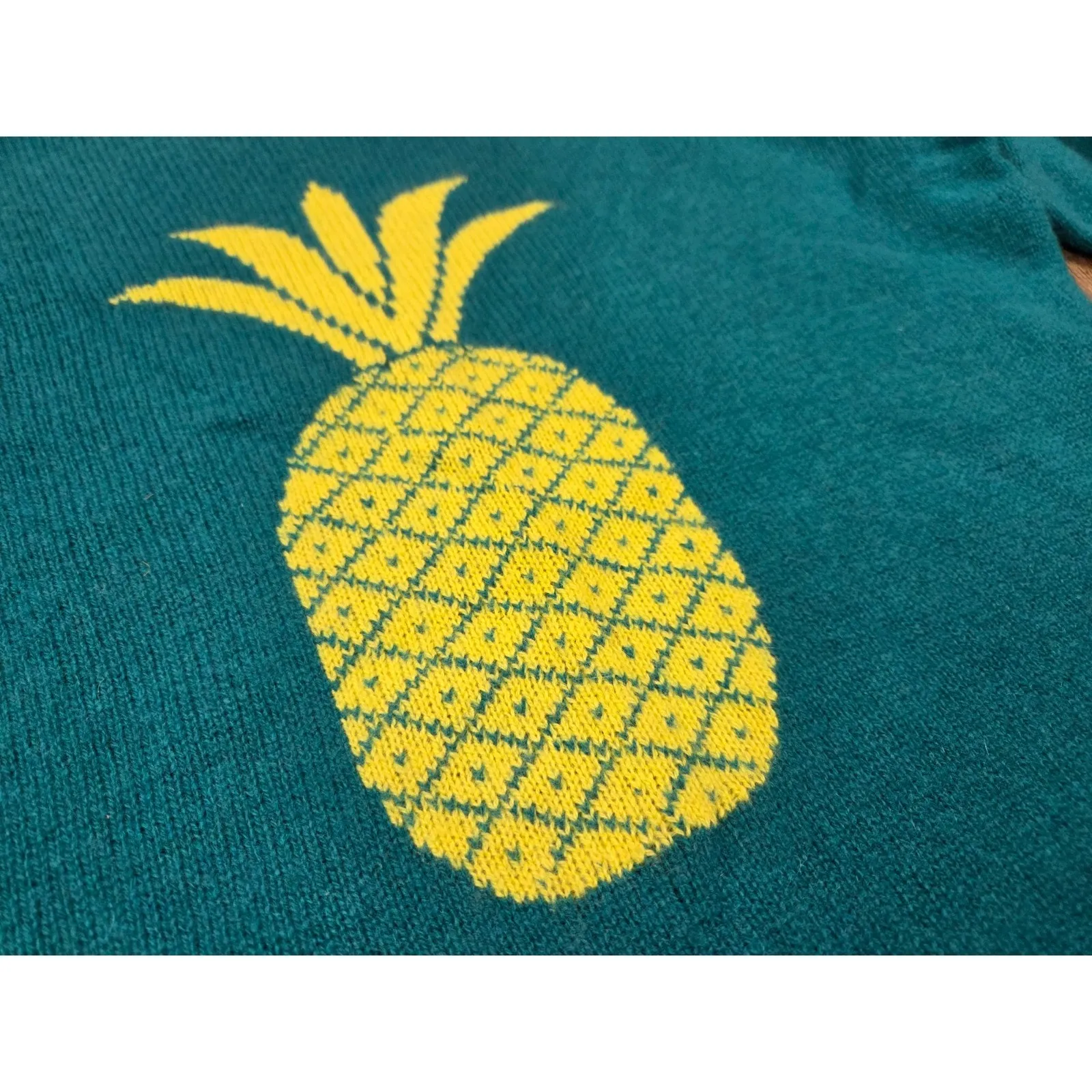 Hannah Rose Cashmere Sweater Blue Yellow Pullover Pineapple Size Medium - Image 2