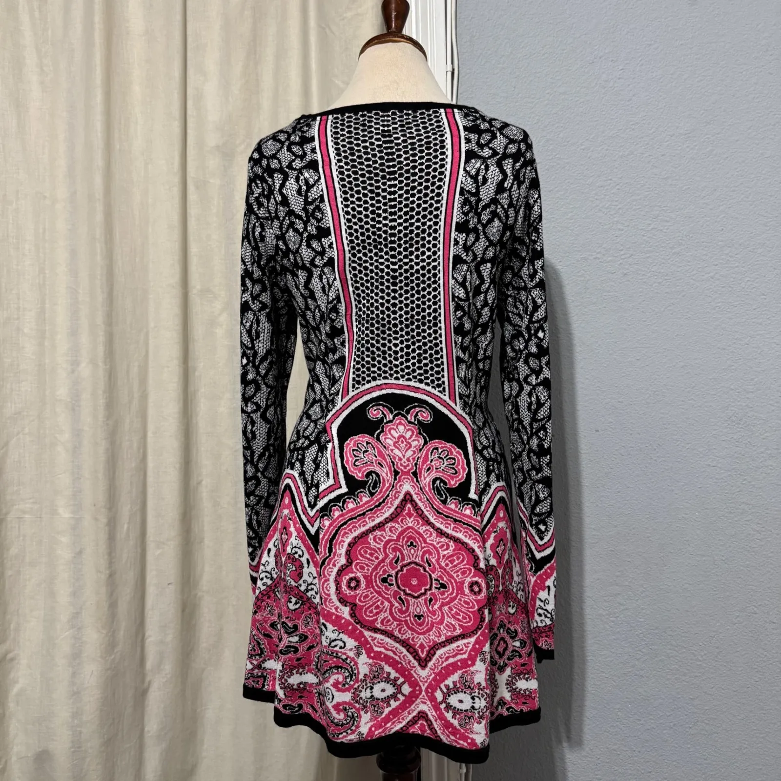Style & Co Black Pink Paisley Print Long Sleeve Knit Stretchy Dress Boho Size L - Image 5
