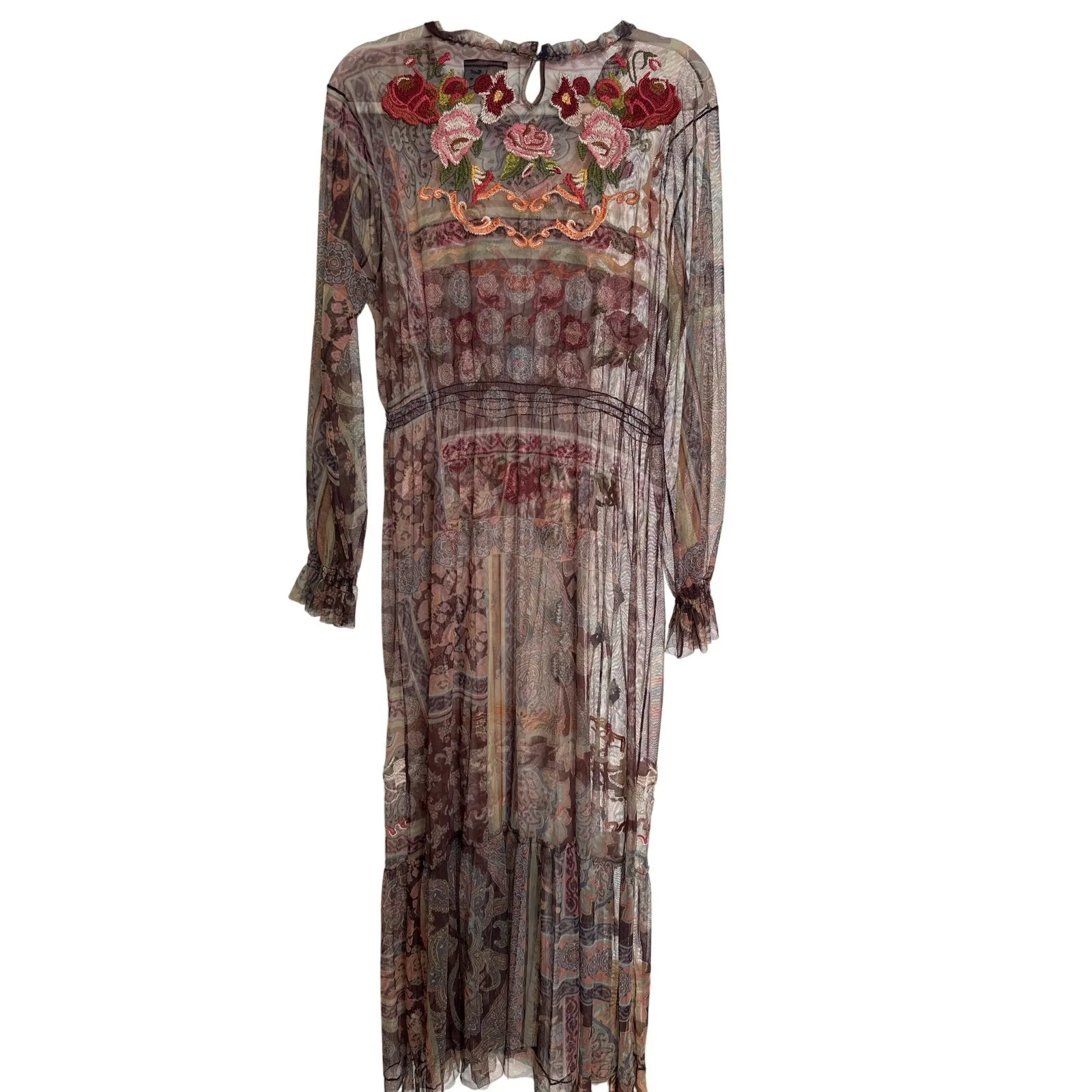 Johnny Was Biya Elexa Mesh Maxi Printed Embroidered Boho Dress, Size L, EUC - Image 7