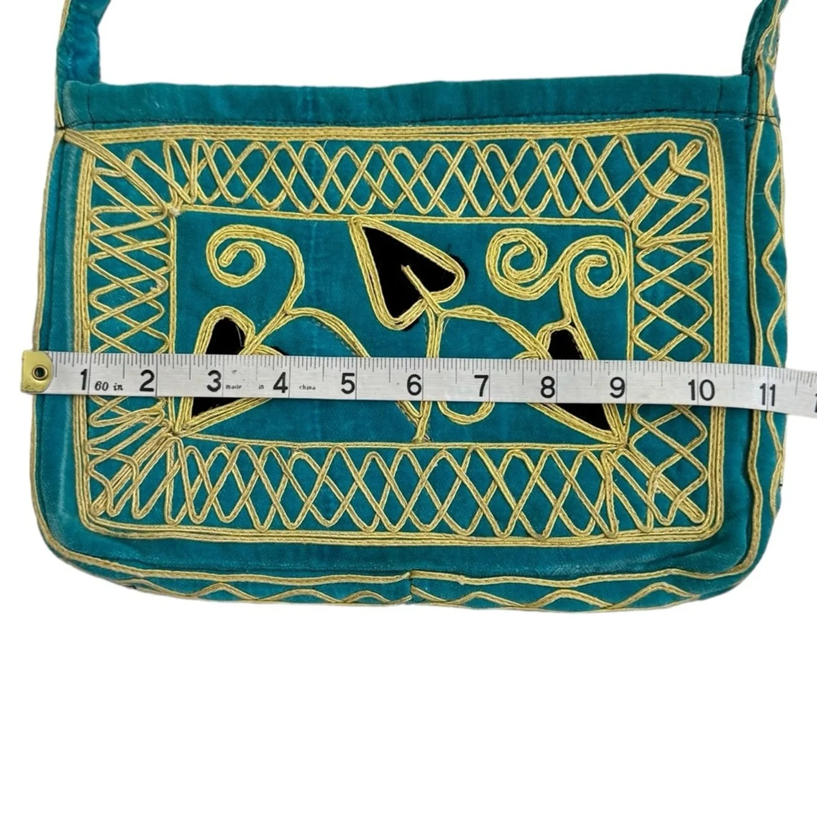 Boho Embroidered Shoulder Bag Teal Velvet Patchwork Hearts Design Zip Tote Purse Green - Image 4