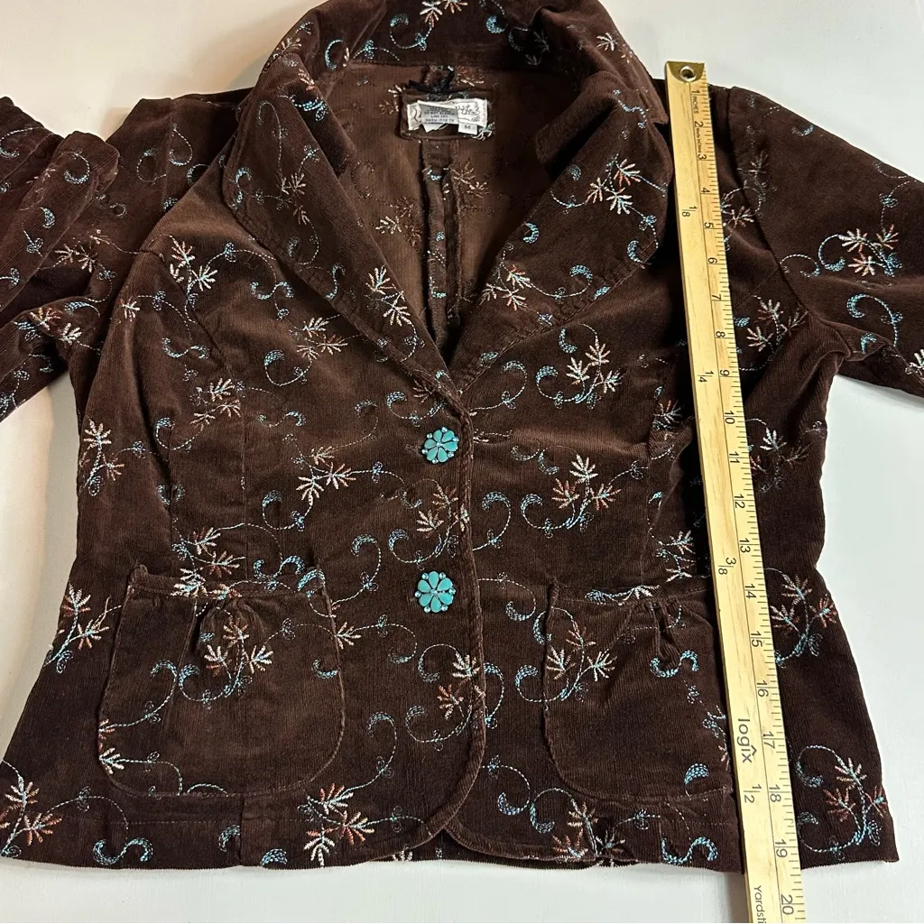 Vintage Live A Little Corduroy Brown Floral Embroidered Jeweled Button Blazer M - Image 9