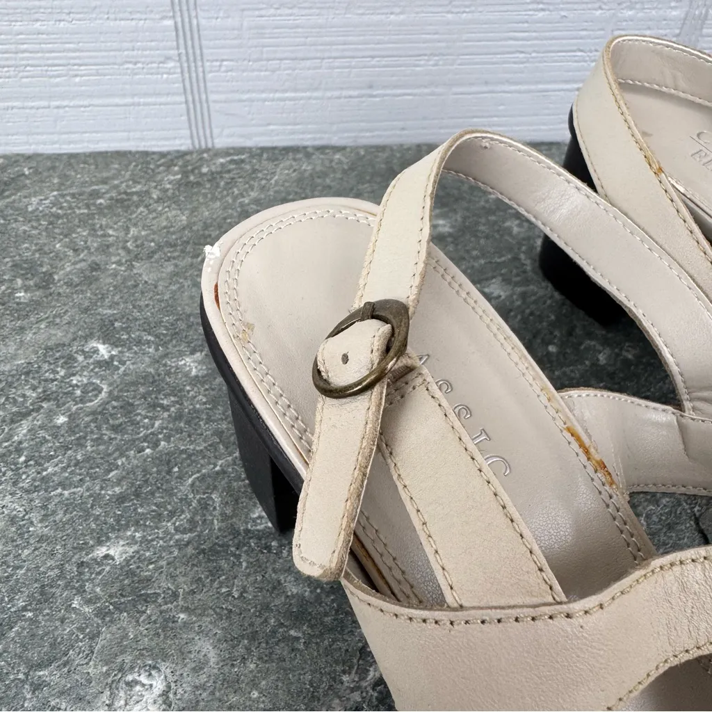 Classic Elements Ivory Slingback Open Toe Block Heel Sandal Metal Embellishments - Image 4