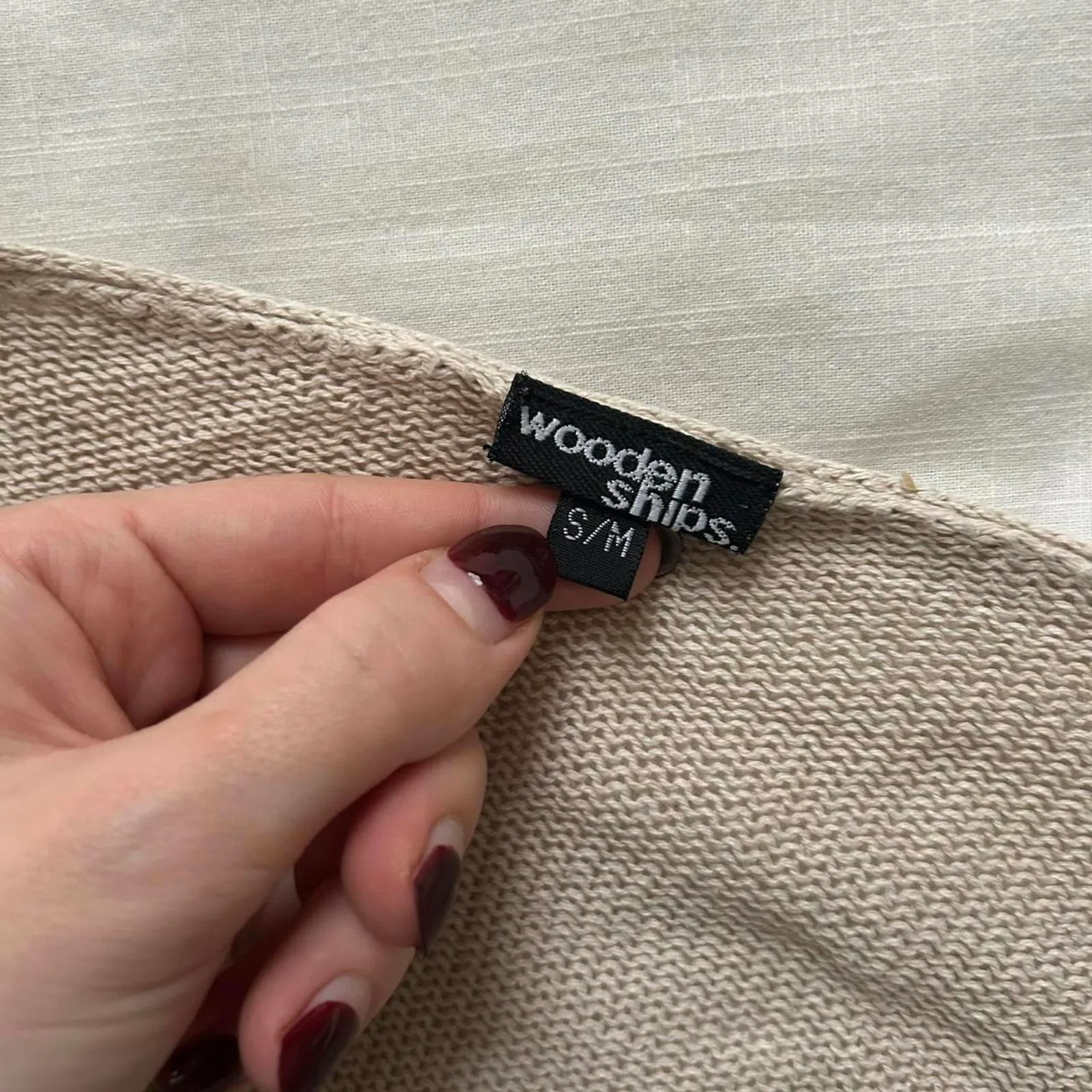 Wooden Ships Tan knit long sleeve top bell sleeves scalloped edge detailing - Image 2