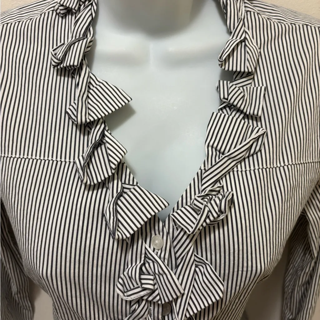 Express Design Studio 90’s Tailored Striped Ruffle Blouse Sz S French Cuff Navy Blue - Image 6