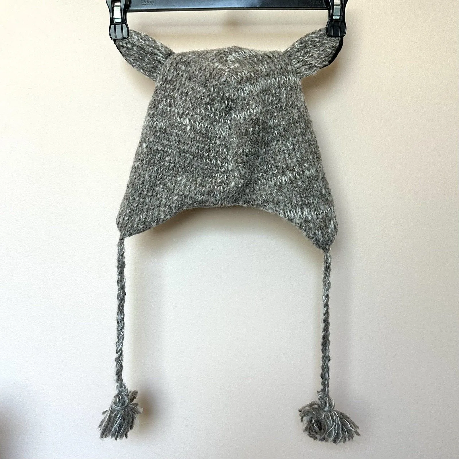 Owl Beanie Hat Gray Wool Fleece Lined Tassels Adult One Size - Image 2