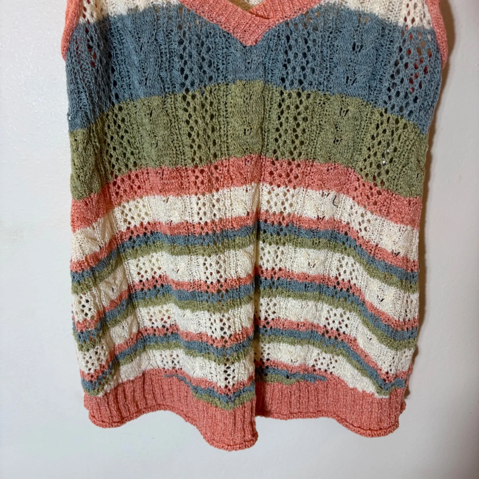 POL Striped Knit V-Neck Tank Top Medium Coral Blue Green Cream Crochet - Image 3
