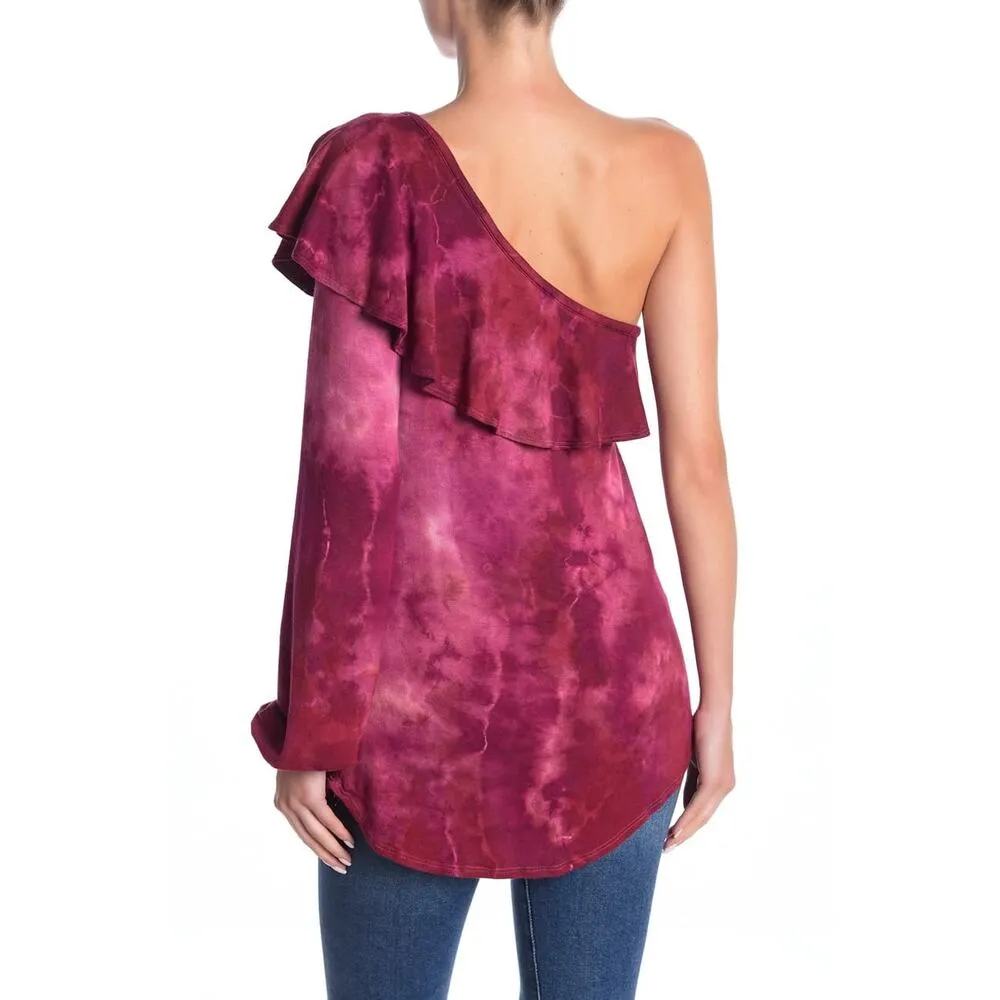 Go Couture One Shoulder Top SMALL Ruffle Batik Tunic Burgundy Art to Wear USA - Image 2