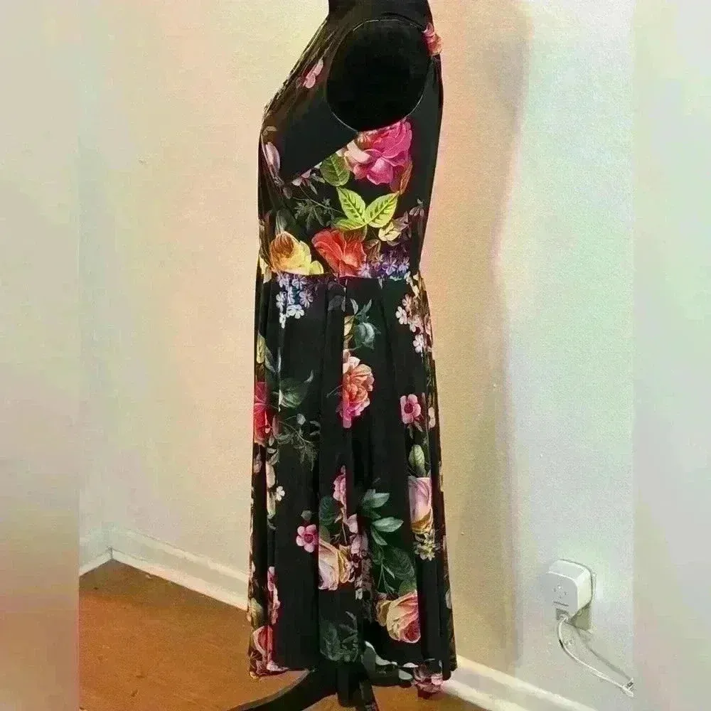Marc Bouwer Unlimited Black & Floral Print Sleeveless Crossbody Midi Dress Size M - Image 4