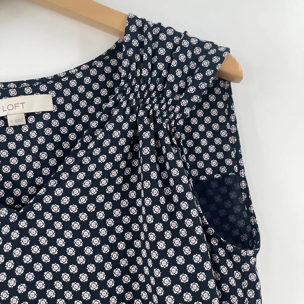 LOFT ANN TAYLOR Tank Blouse Size Small Abstract Floral Detail Navy Boxy Flowy - Image 6