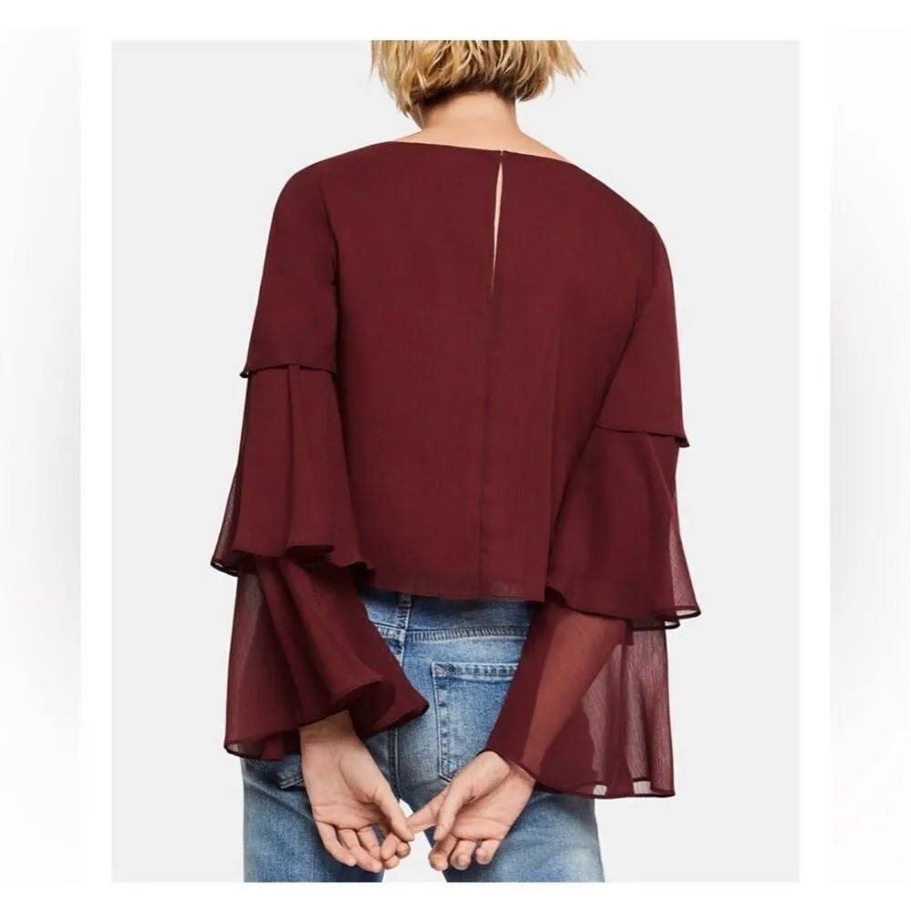 NWT BCBGeneration Tiered Bell Long Sleeve‎ Blouse Size XXS Purple Burgundy - Image 2