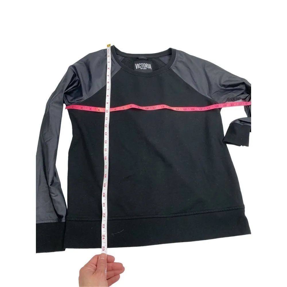 Victoria Sport Pullover Soft Sweater Faux Leather black stretch sleeve Sweatshir - Image 5
