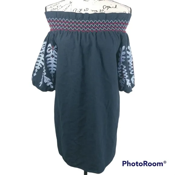 Rebellion again Embroidered Off Shoulder Dress Tunic Dress Flower Embroidery S - Image 2