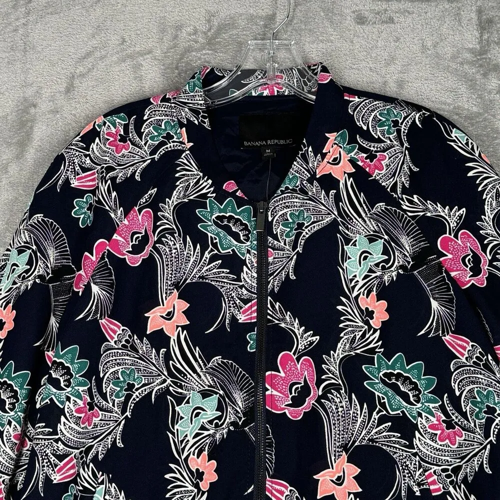Banana Republic Jacket Womens Medium Black Pink Bird Print Drapery Bomber Casual - Image 4