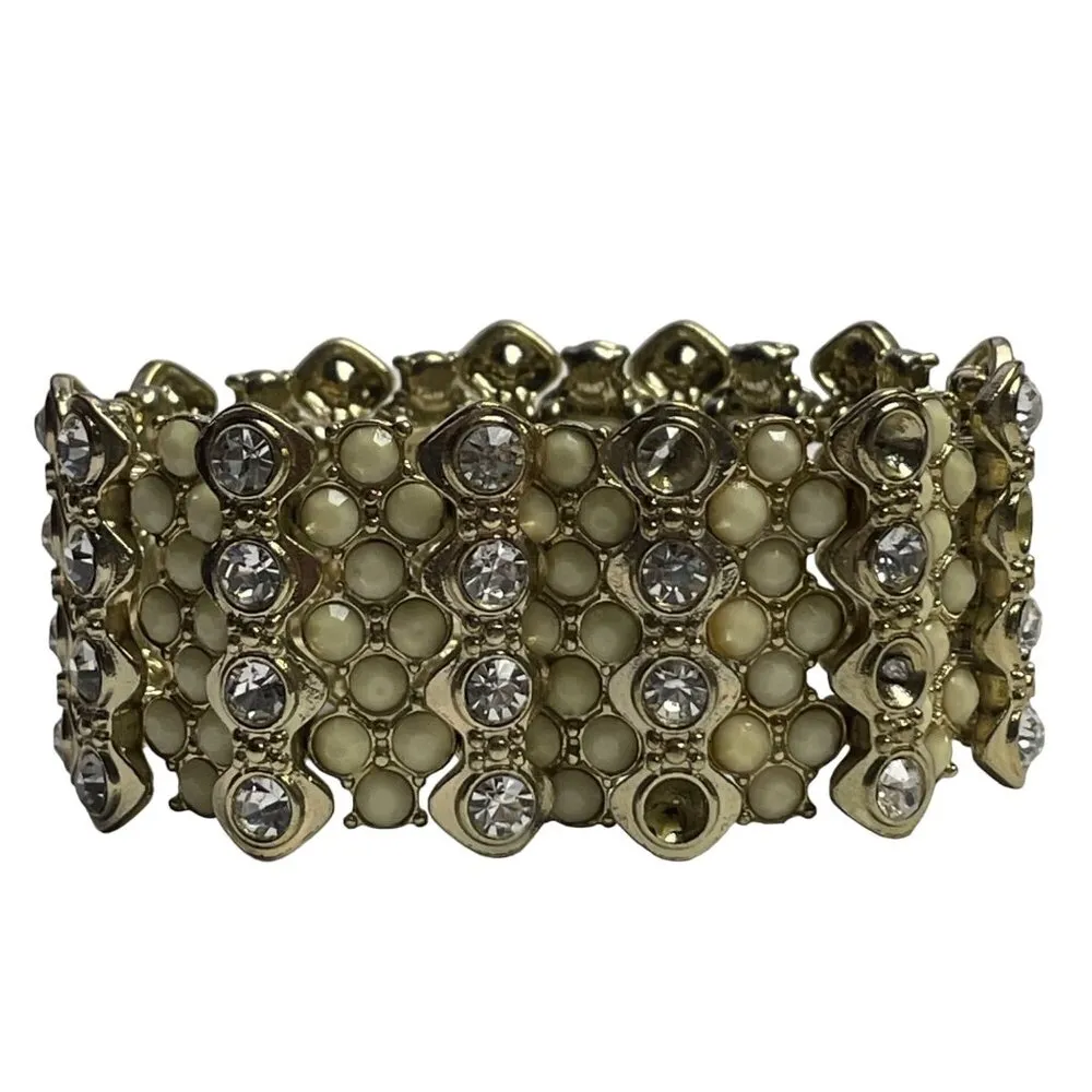 Vintage Stretch Bracelet Gold Tone Faux Pearls Rhinestones u Expandable Costume - Image 2