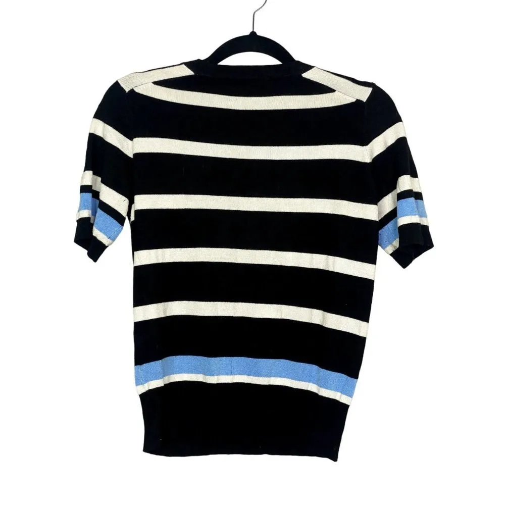 Zara Soft Knit Striped Short Sleeve Crew Neck S Sweater Black Blue White #2102 - Image 5
