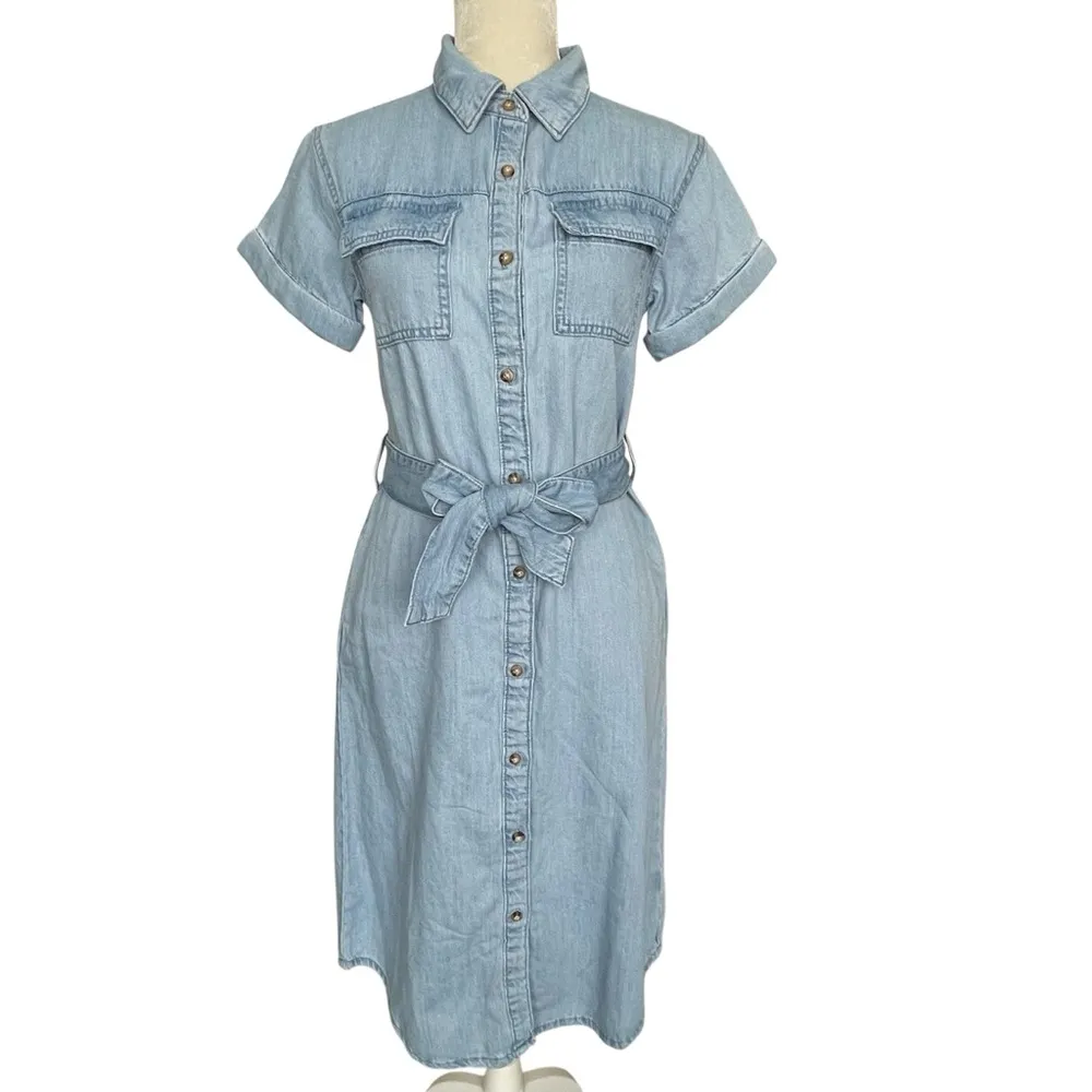 Maurices Denim Tie Waist Shirt Dress Womens Size XS Blue Pockets Belted