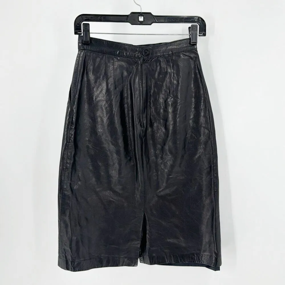 Vintage black supple leather pencil skirt rocker mob wife edgy size 0 - Image 2