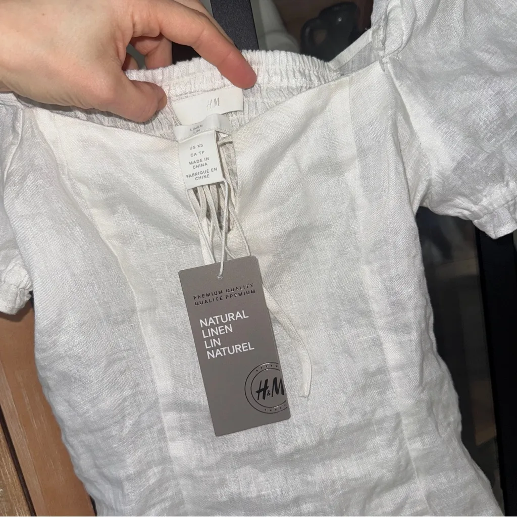 H&M linen smocked blouse top puff short sleeve tie front bow square neck new - Image 3