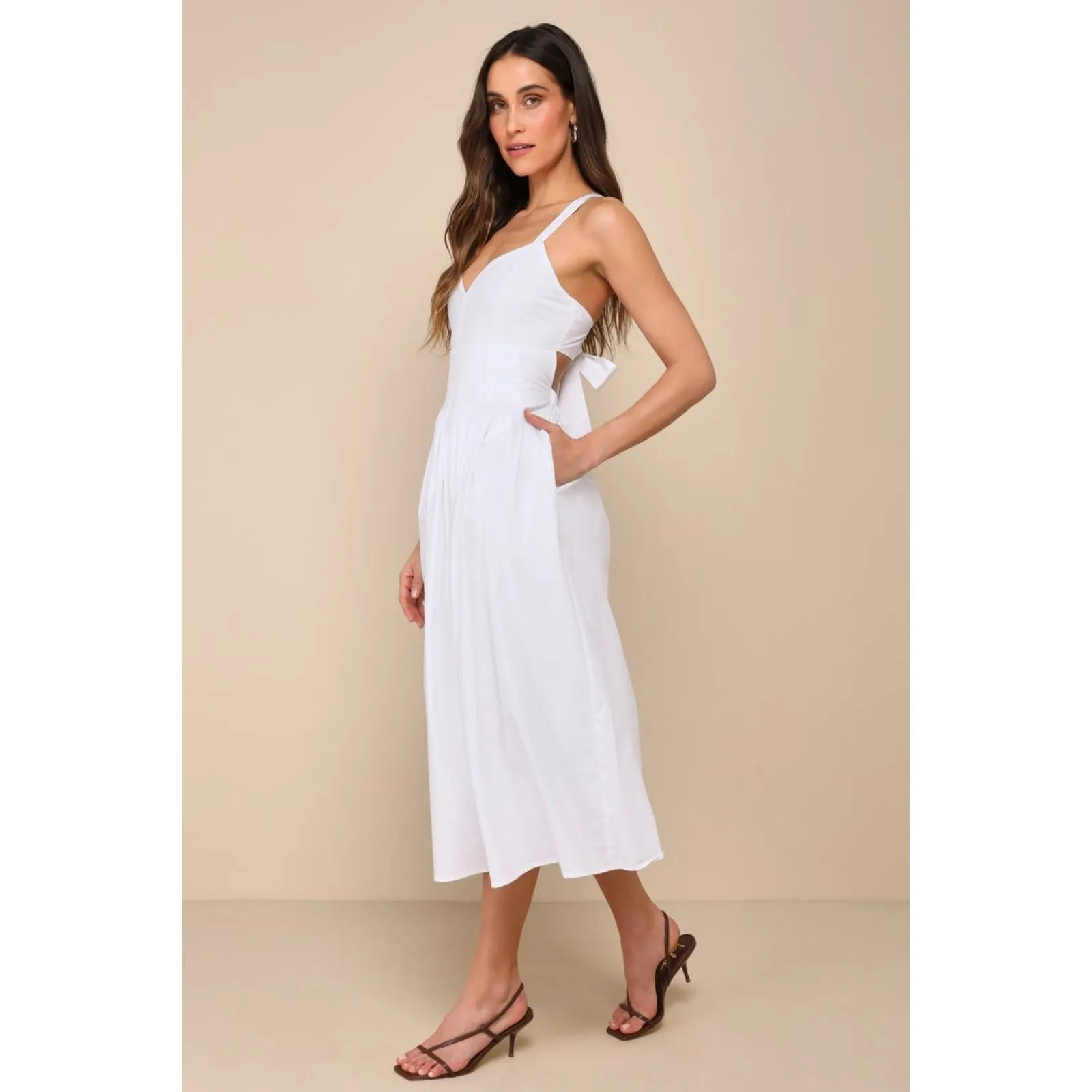 Lulus Strolling Sicily White Pleated Backless Midi Dress With Pockets - Image 2