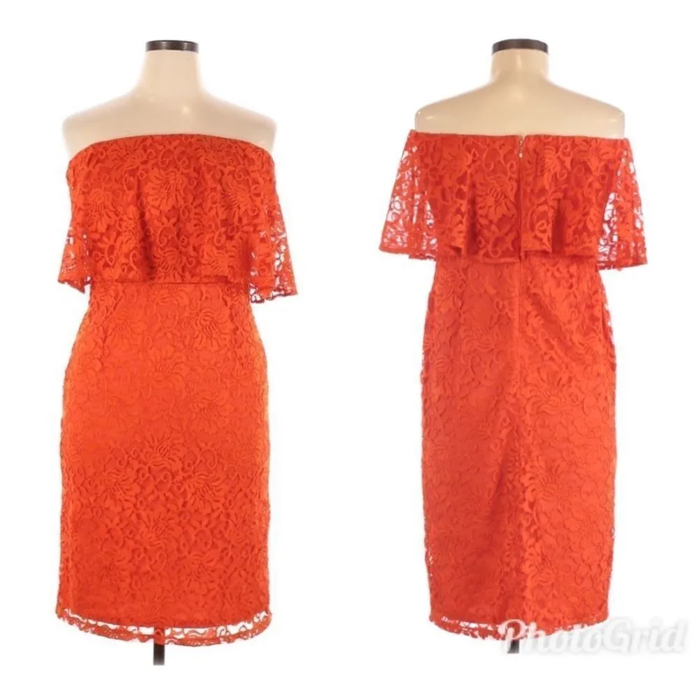 THALIA SODI‎ Strapless Lace Cocktail Dress Midi Fitted Popover Orange Medium New - Image 4