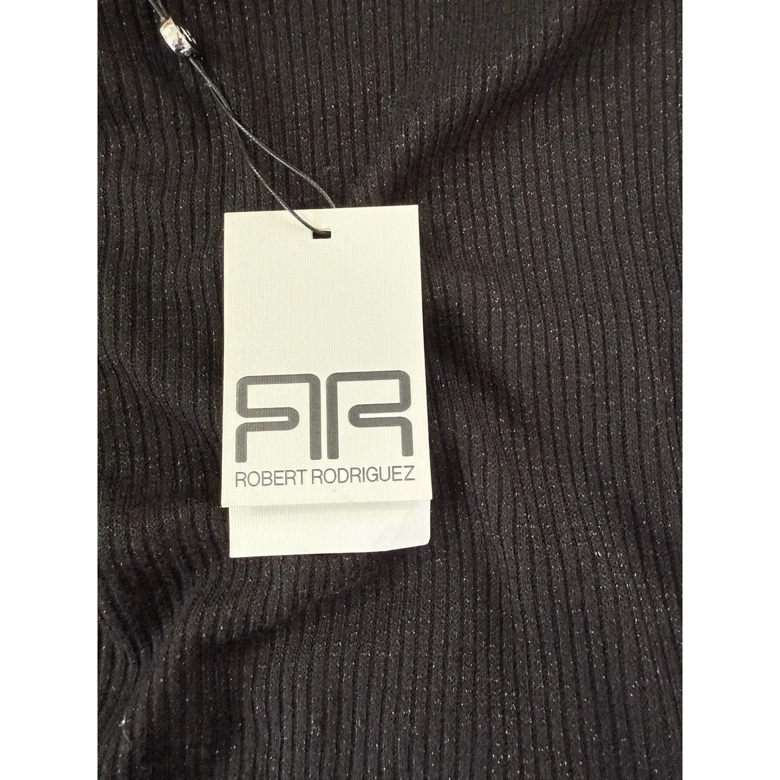 Robert Rodriguez Dalia Black Ribbed Sparkle Mock Neck Lettuce Trim Size S - Image 8