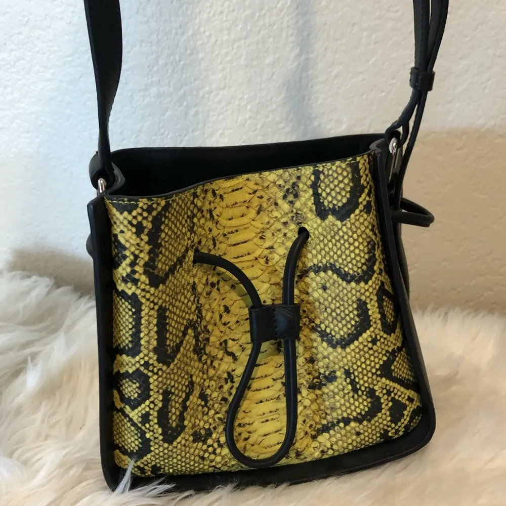 Soleil Mini Leather Drawstring Bucket Bag- Lemon/BLK Snake Print - Image 9